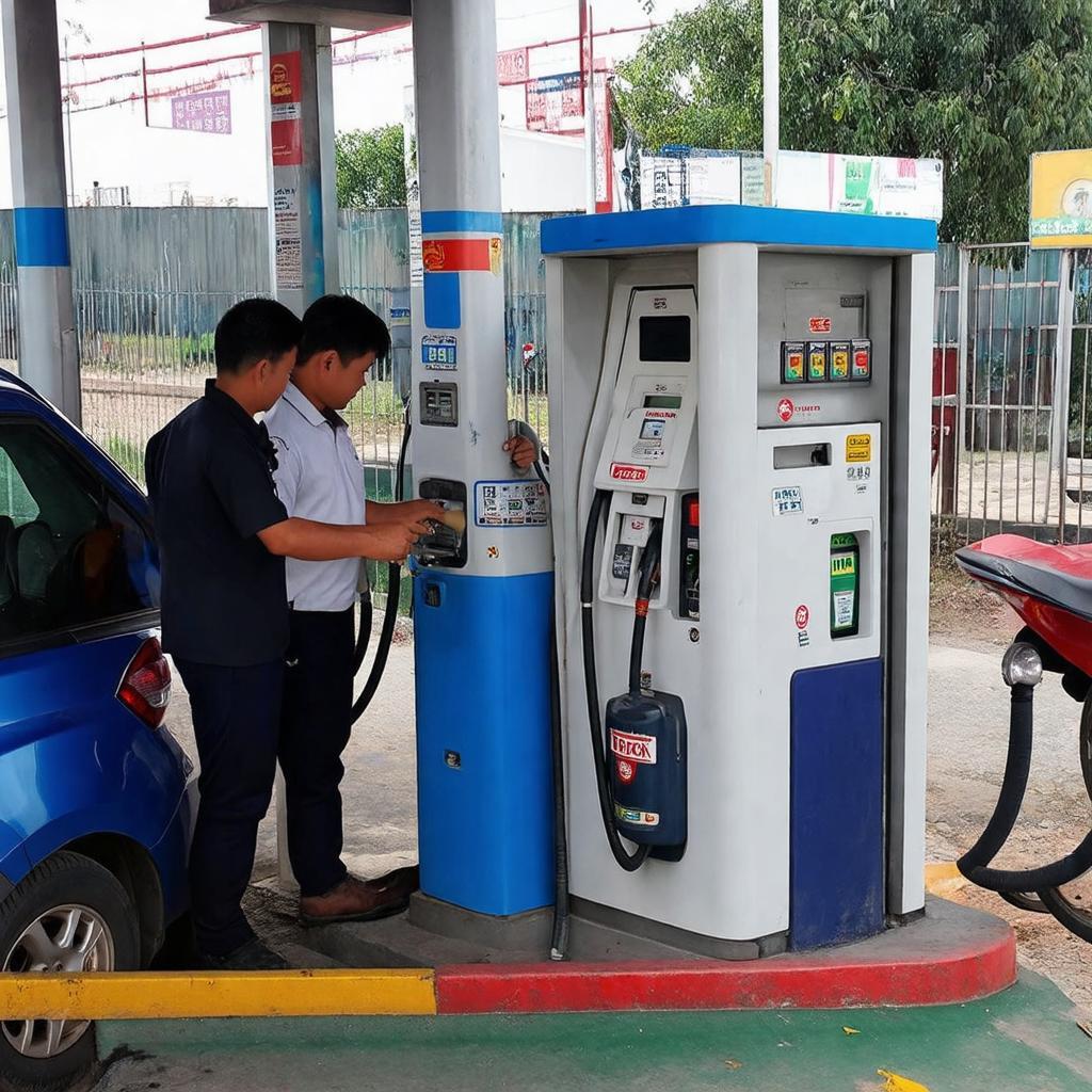 Hình ảnh một trạm bơm xăng với nhân viên đang phục vụ khách hàng tại Cây xăng Trung Chánh, Tân Uyên, Bình Dương, thể hiện dịch vụ tiện lợi.